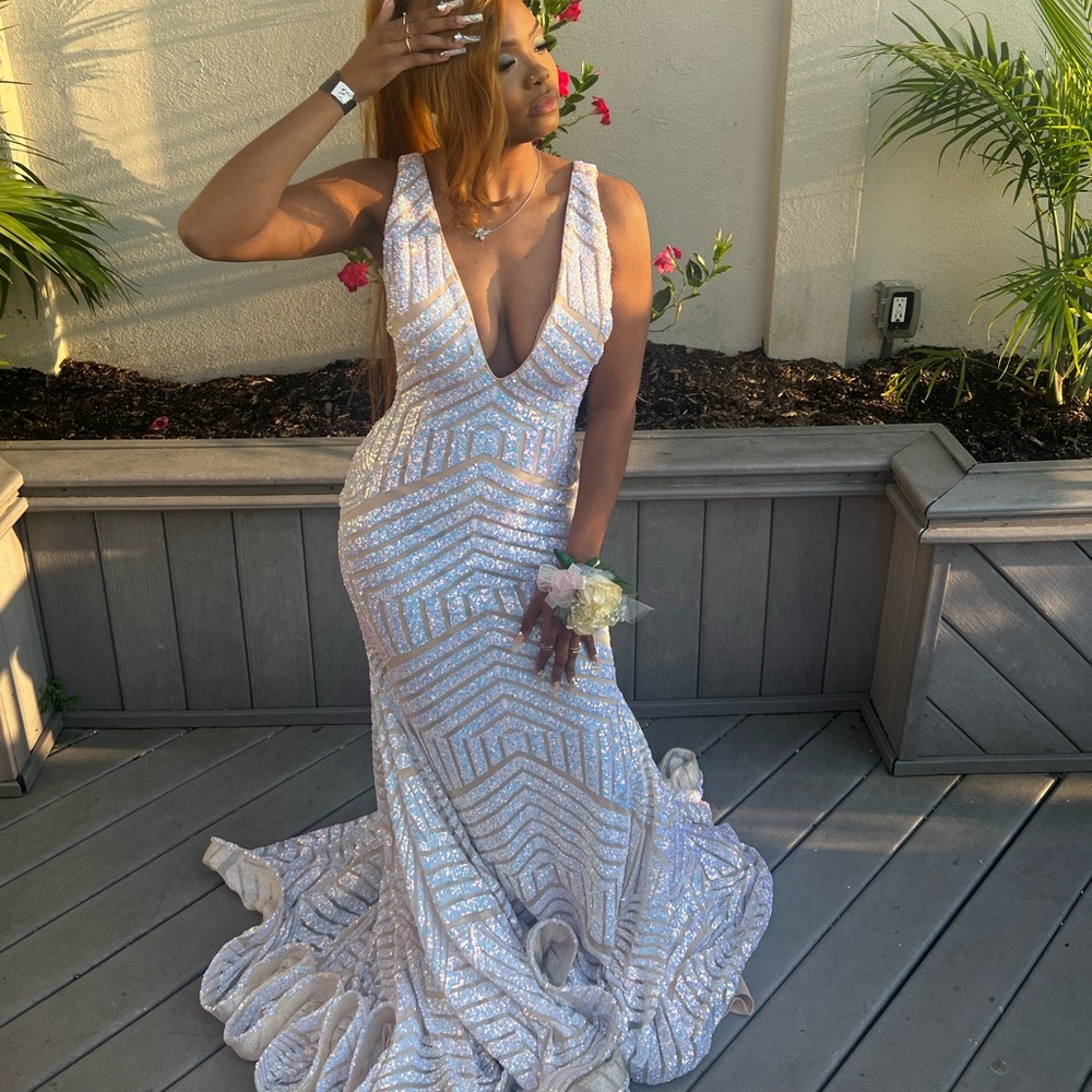 Iridescent white with nude prom dress. Worn one day